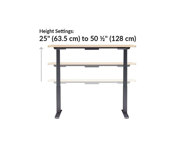 The base of the Electric Standing Desk ComfortEdge&trade; 60x30 Light Wood goes from 25 inches to 50.5 inches tall
