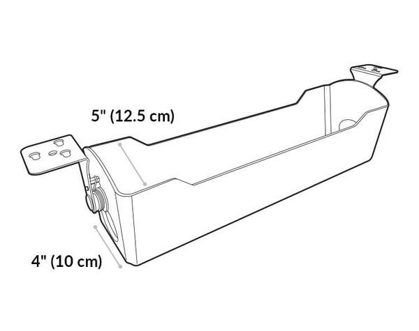 cable management tray opening length is 5 inches. The base length is 4 inches. 