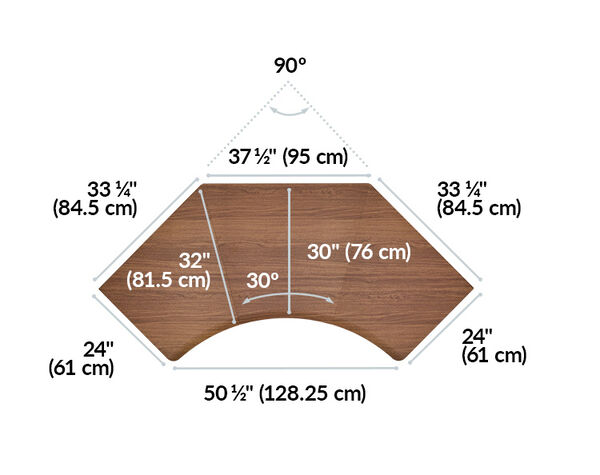 op-down diagram of a corner desk showing dimensions: 50 &frac12;" wide, 30" deep, with angled sides measuring 37 &frac12;" and 33 &frac14;"; metric conversions included for all measurements.