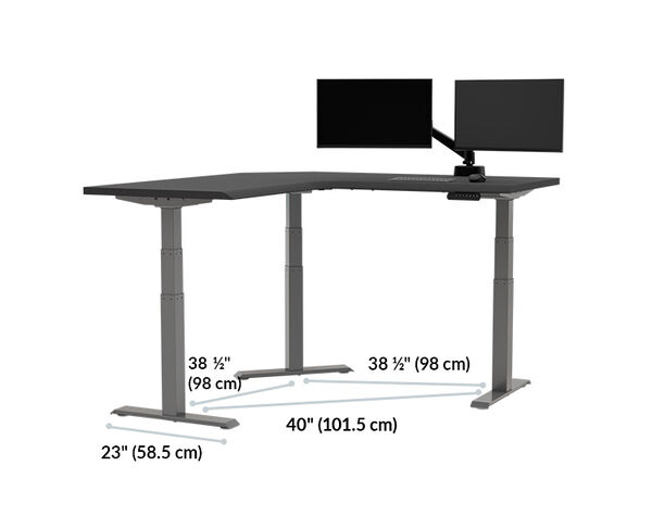 L-shaped desk frame diagram showing foot length twenty-three inches, leg spacing of thirty-eight and one-half inches on two sides, and a diagonal leg spacing of forty inches, with a dual monitor arm on top.