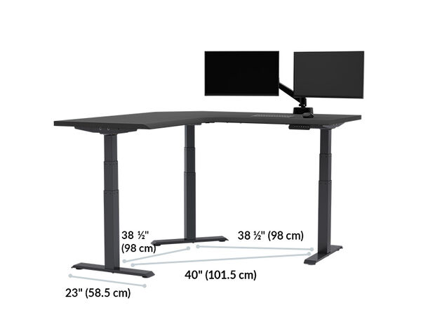 L-shaped desk frame diagram showing foot length twenty-three inches, leg spacing of thirty-eight and one-half inches on two sides, and a diagonal leg spacing of forty inches, with a dual monitor arm on top.