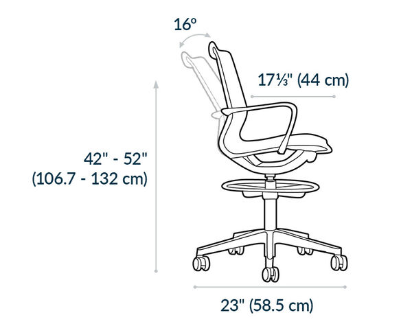 chair depth is thirty one and three quarters inches deep to fourty one and a quarter inch deep with a seat width of eighteen and a full width of twenty three and a half inches  and chair has an angle of six teen degrees