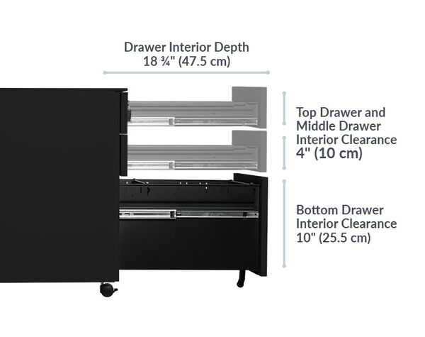 all drawers are 13 inches wide. first two drawers are 5 inches tall and last drawer is 11 inches tall