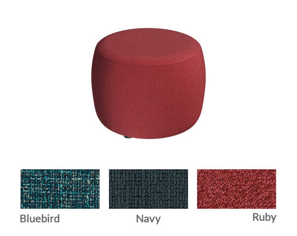 haven round ottoman with bluebird navy and ruby color swatches below