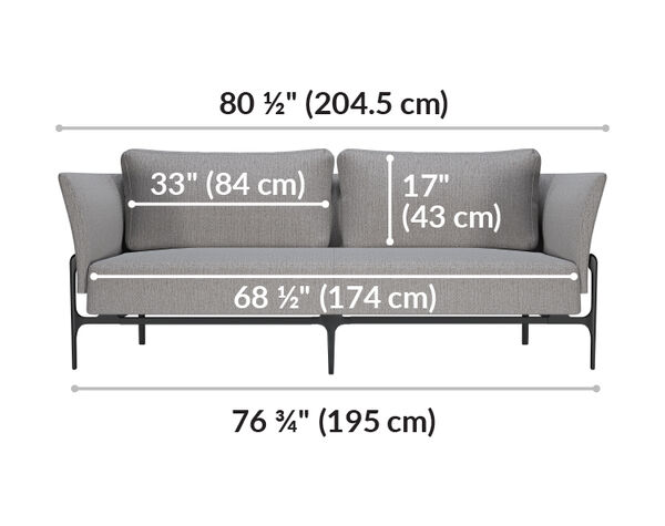 contemporary three seat sofa is 80 and a half inches long and the cushioned seat is 68 and a half inches long