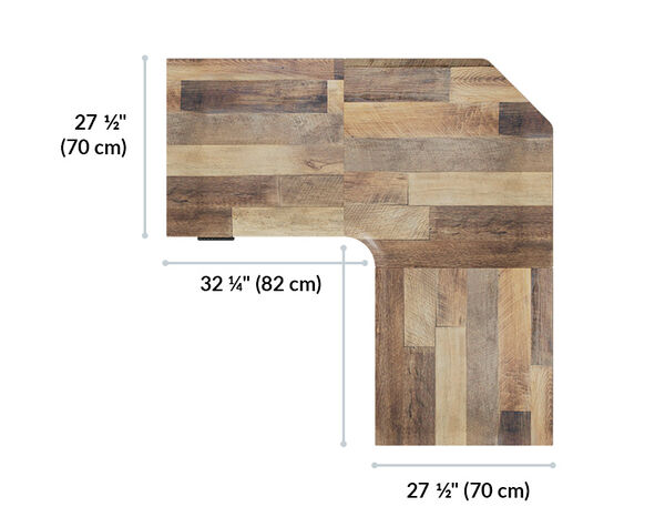 Top-down L-shaped desktop diagram showing arm depths of twenty-seven and one-half inches and an inner opening of thirty-two and one-quarter inches, in a reclaimed wood-look finish.