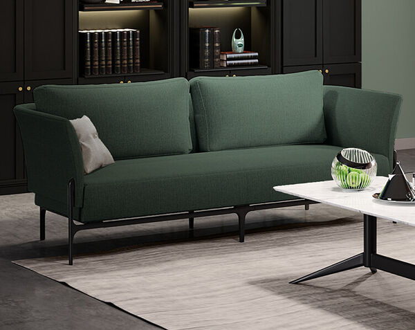 Upholstered three seat sofa in moss green