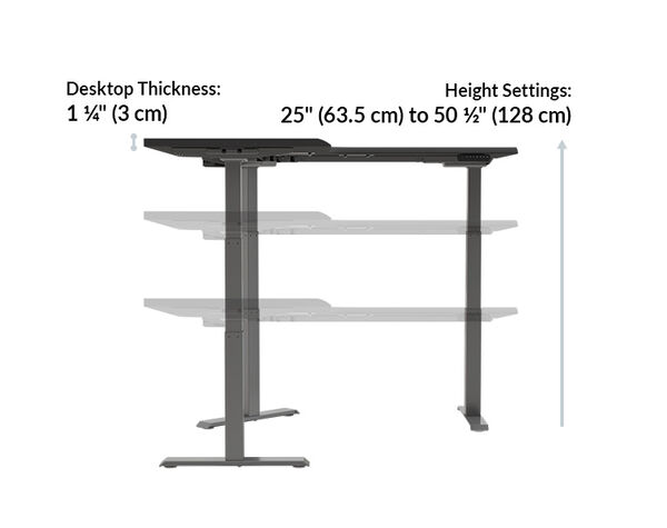 L-shaped desk side-view diagram showing desktop thickness one and one-quarter inches and height settings from twenty-five to fifty and one-half inches, with the desktop shown at three heights.