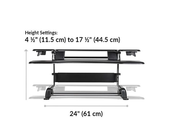 Dimension image shows that the base of the desk riser is 24 inches wide