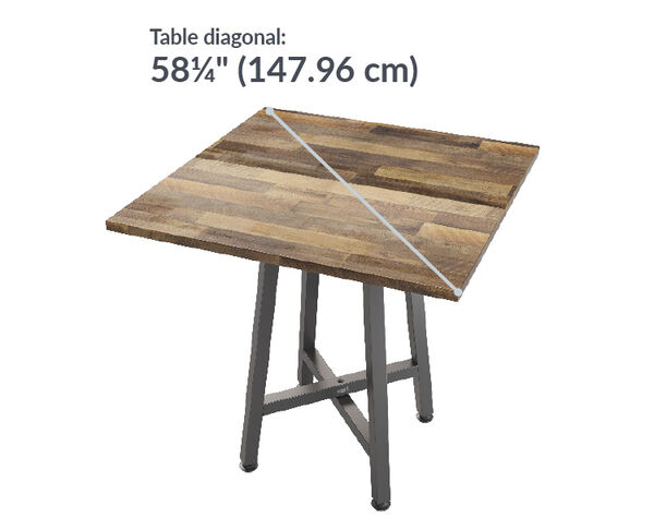 standing square table top has a fifty eight and a quarter inch diagonal length 