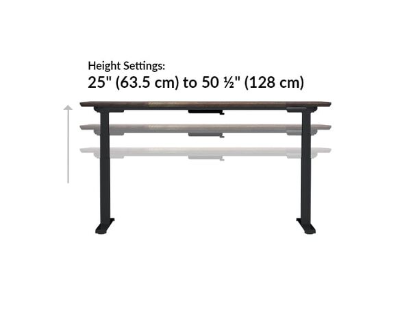 Electric Standing Desk 72x30 Reclaimed Wood height settings range from 25.5 inches to 50.5 inches tall