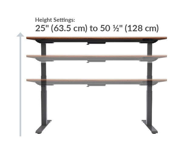 The height settings of the Electric Standing Desk 72x30 Walnut range from 25 inches to 50.5 inches tall