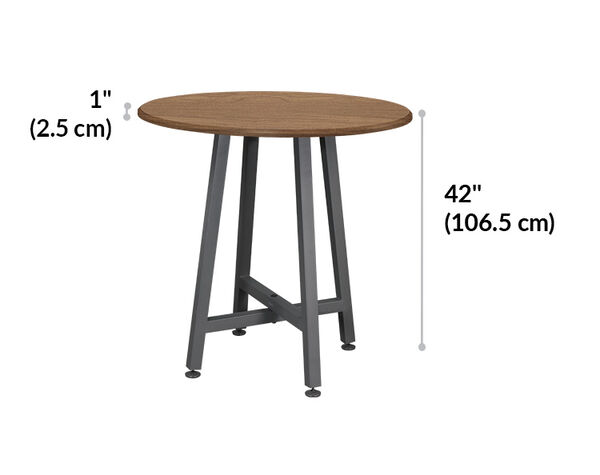 standing round table is forty two inches tall and the tabletop is one inch thick