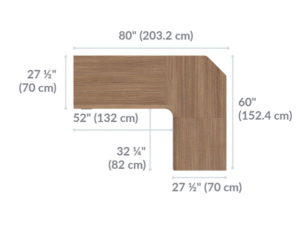 L-Shape Electric Standing Desk 72x30 Walnut is 80 inches wide and 60 inches deep