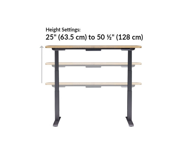 The base of the Electric Standing Desk ComfortEdge&trade; 60x30 Reclaimed Wood goes from 25 inches to 50.5 inches tall