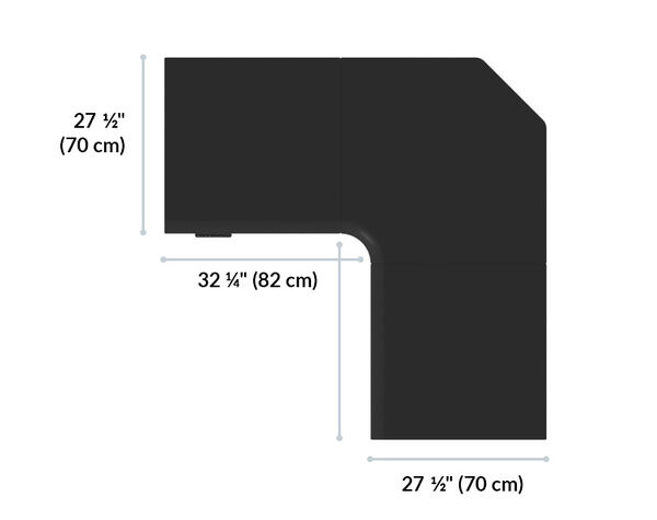 Top-down L-shaped desktop diagram showing arm depths of twenty-seven and one-half inches and an inner opening of thirty-two and one-quarter inches, in a reclaimed wood-look finish.