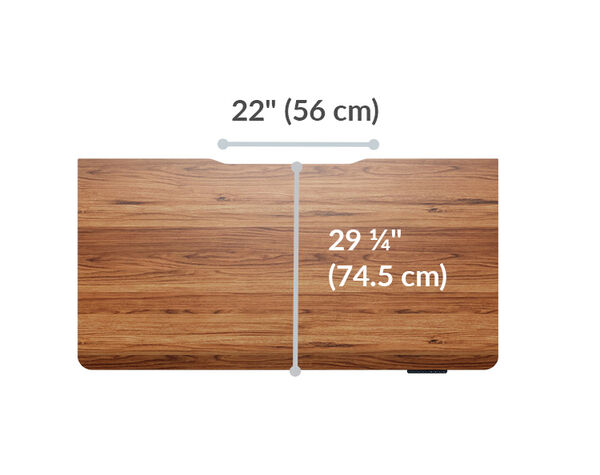 Overview image of black desk measuring 22 inches (56 cm) in width and 25.5 inches (65 cm) in depth, designed for standing desk use.