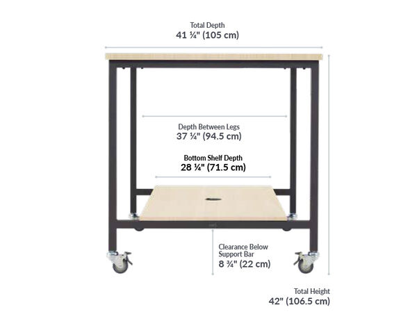 Standing conference table has a total depth of 41 1/4 inches , the depth between legs is 37 1/4, the bottom shelf depth is 28 1/4, the clearance below support bar is 8 and 3/4 inches, and the total height is 43 inches