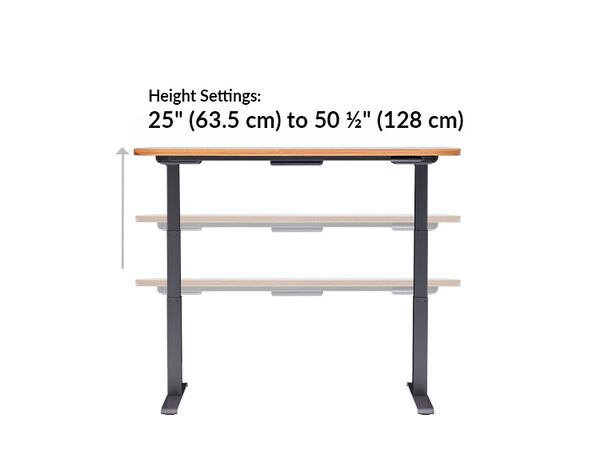 The base of the Electric Standing Desk ComfortEdge&trade; 60x30 Butcher Block goes from 25 inches to 50.5 inches tall