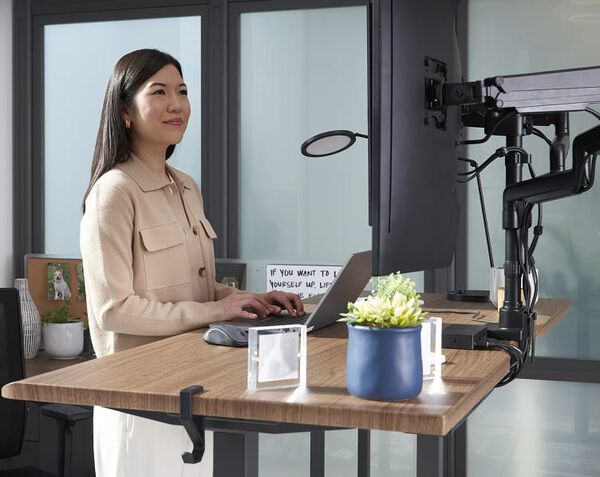 Professional standing at her desk working