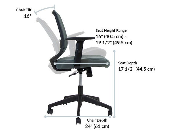 Office chair side view with dimensions: tilt sixteen degrees; seat height range sixteen to nineteen and a half inches; seat depth seventeen and a half inches; chair depth twenty-four inches.
