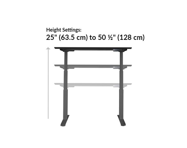 The base of the Electric Standing Desk 48x30 Black goes from 25.5 inches to 50.5 inches tall