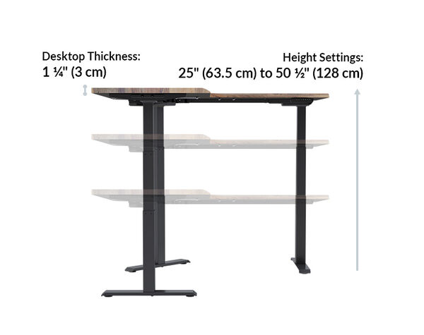 L-shaped desk side-view diagram showing desktop thickness one and one-quarter inches and height settings from twenty-five to fifty and one-half inches, with the desktop shown at three heights.