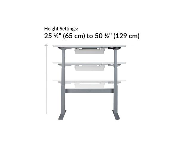 vari electric standing desk 48x30 height settings range from 25 and half to 50 and a half inches tall 