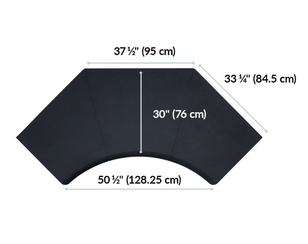 op-down diagram of a corner desk showing dimensions: 50 &frac12;" wide, 30" deep, with angled sides measuring 37 &frac12;" and 33 &frac14;"; metric conversions included for all measurements.