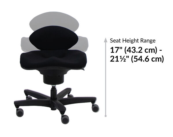 Front view of an ergonomic office chair with labeled dimensions: chair height range 39⅜&Prime;&ndash;43&frac34;&Prime; (99&ndash;111 cm), seat height 16&frac34;&Prime;&ndash;21&Prime; (42.5&ndash;53.5 cm), backrest height 22&frac34;&Prime; (58 cm), armrest adjustment 4&Prime; (10 cm), and wheelbase 27&frac12;&Prime; (70 cm).