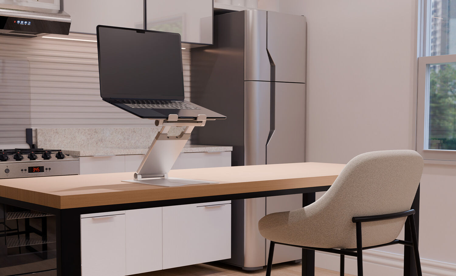 laptop on top of a laptop standing sitting on a kitchen high table with a bar stool