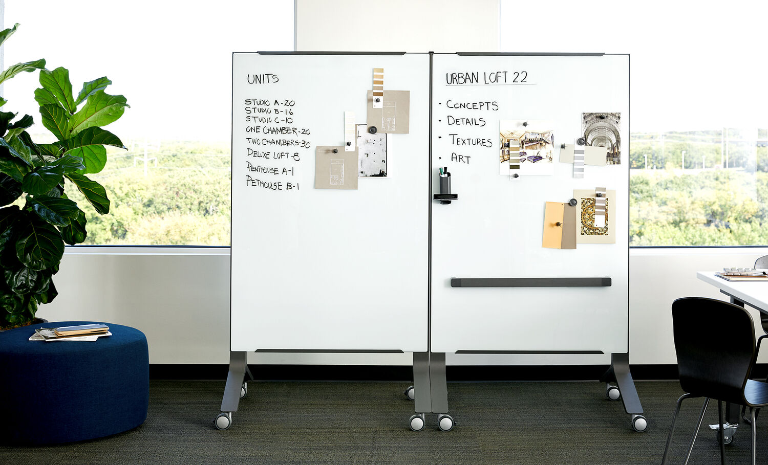 two vari mobile glass boards 40 by 72 connected by linking mechanism 