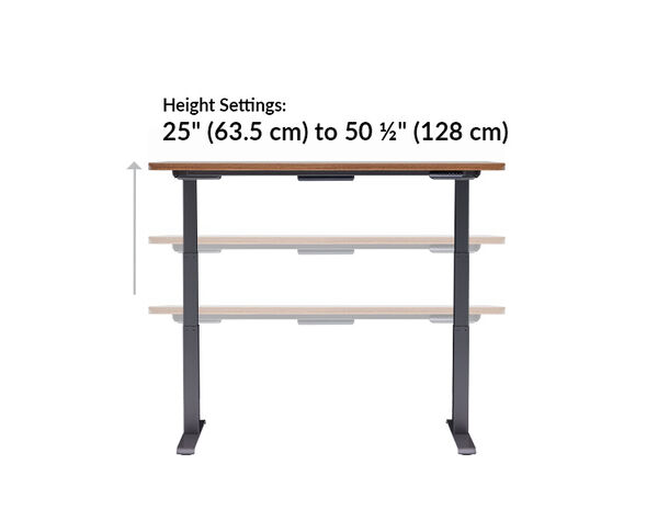 The base of the Electric Standing Desk ComfortEdge&trade; 60x30 Walnut goes from 25 inches to 50.5 inches tall