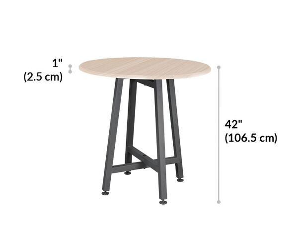 standing round table is forty two inches tall and the tabletop is one inch thick