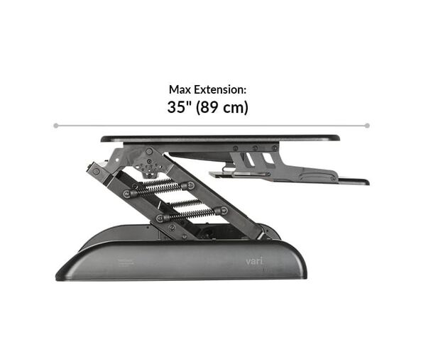 Varidesk Cube Plus 40 max length extension 35 inches or 89 centimeters. 