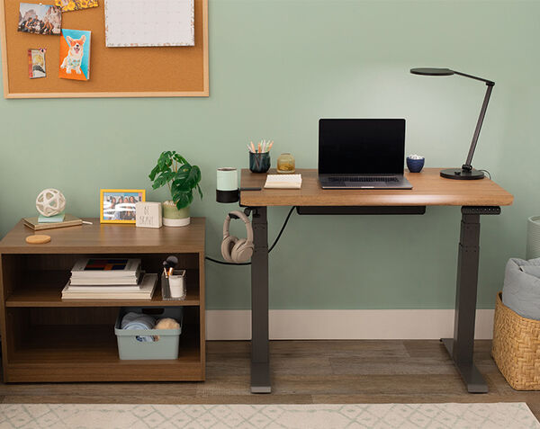 A close-up of a row of black electric standing desks paired with ergonomic black office chairs, featuring frosted privacy screens and sleek workspace setups in a collaborative office environment.