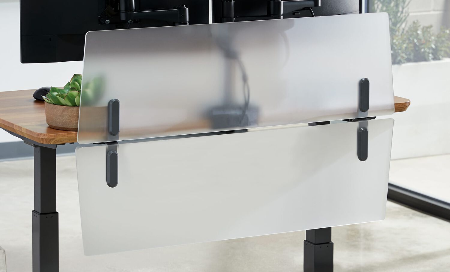 Standing desk with vari acrlyic modesty panels 48
