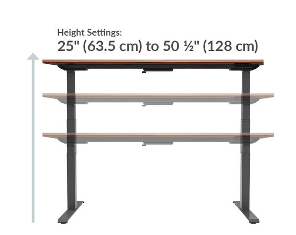 Electric Standing Desk 72x30 Light Wood height settings range from 25 inches to 50.5 inches tall