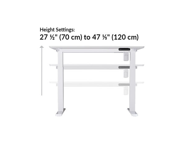 Essential Electric Standing Desk split top in white is 48x24 height ranges from 27 and a half to 47 and a half inches