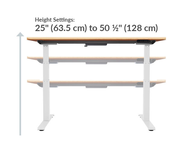 A side view of the walnut electric standing desk displaying a desk thickness of 1.25 inches (3 cm) and a base width of 24 inches (61 cm).