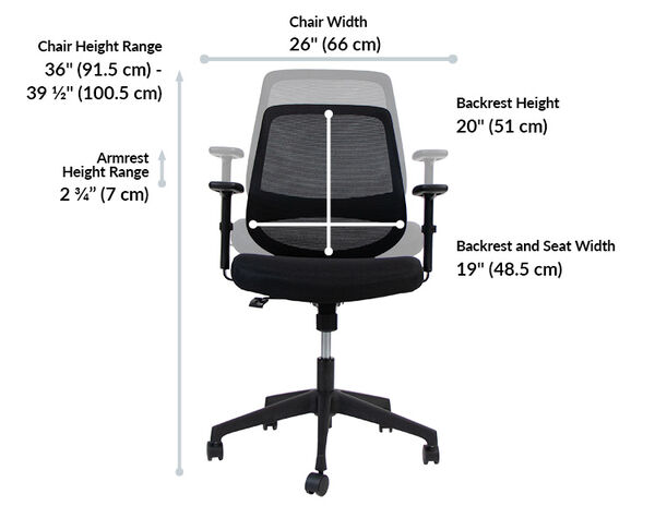 Office chair front view with dimensions: width twenty-six inches; height range thirty-six to thirty-nine and a half inches; armrest height range two and three-quarter inches; backrest height twenty inches; backrest and seat width nineteen inches.