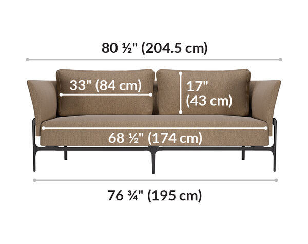 contemporary three seat sofa is 80 and a half inches long and the cushioned seat is 68 and a half inches long
