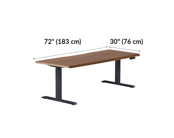 Electric Standing Desk with ComfortEdge&trade; 72x30 walnut with black legs is 48 inches wide and 30 inches deep