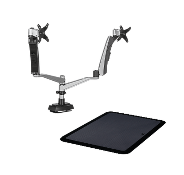 dual monitor arms and an anti-fatigue mat for standing desks and desktop converters