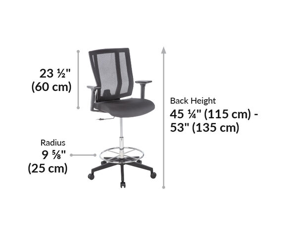 vari drafting chair back height is forty five and a quarter inches to fifty three inches tall