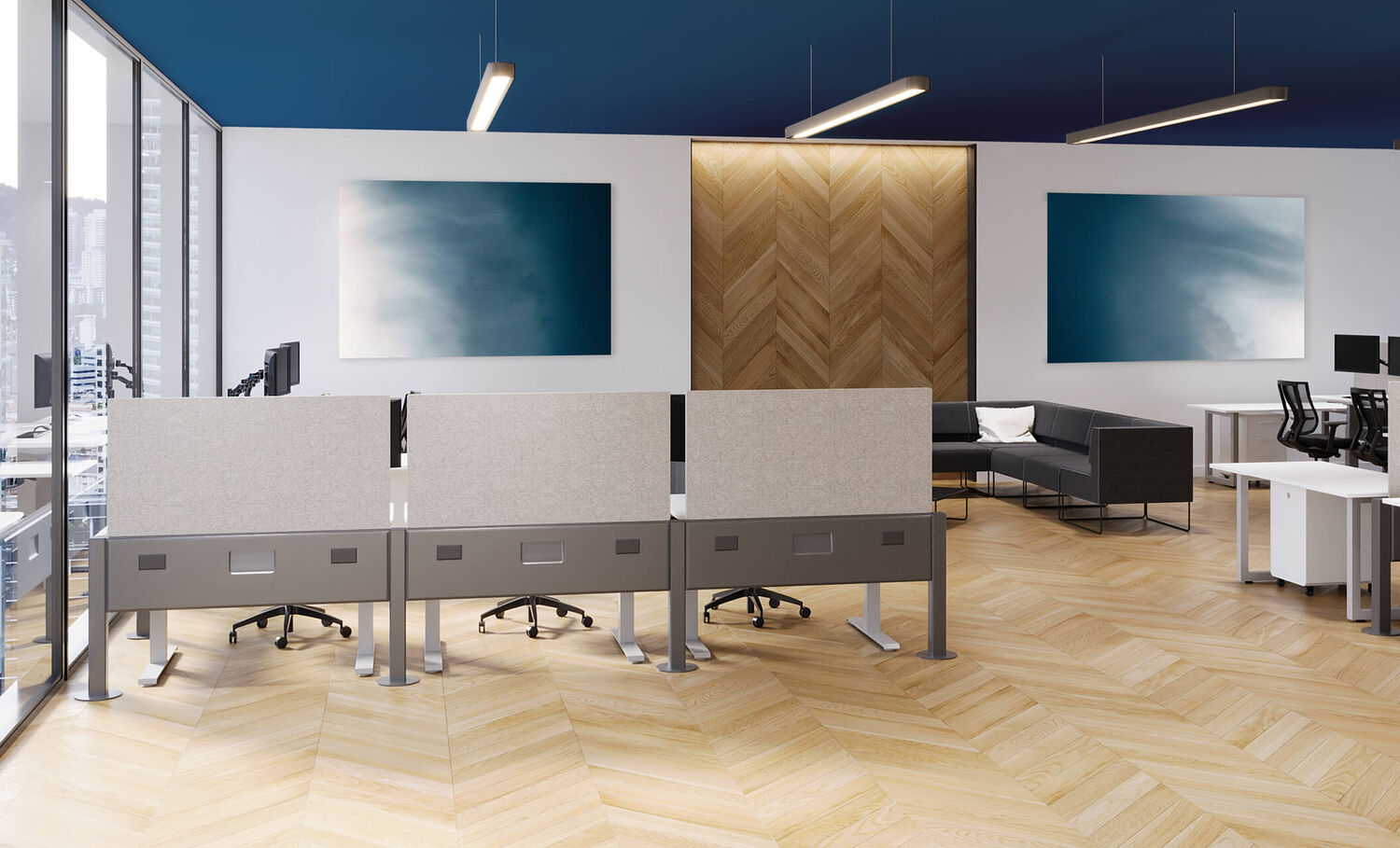 beam privacy panels installed on beams in an office setting