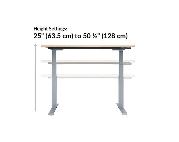 the ergo electric Standing Desk with fifty four by twenty six goes from twenty five inches to fifty and a half inches tall