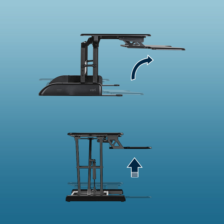 vertical lift showing the lift up motion and varidesk converter showing the rowing lift motion