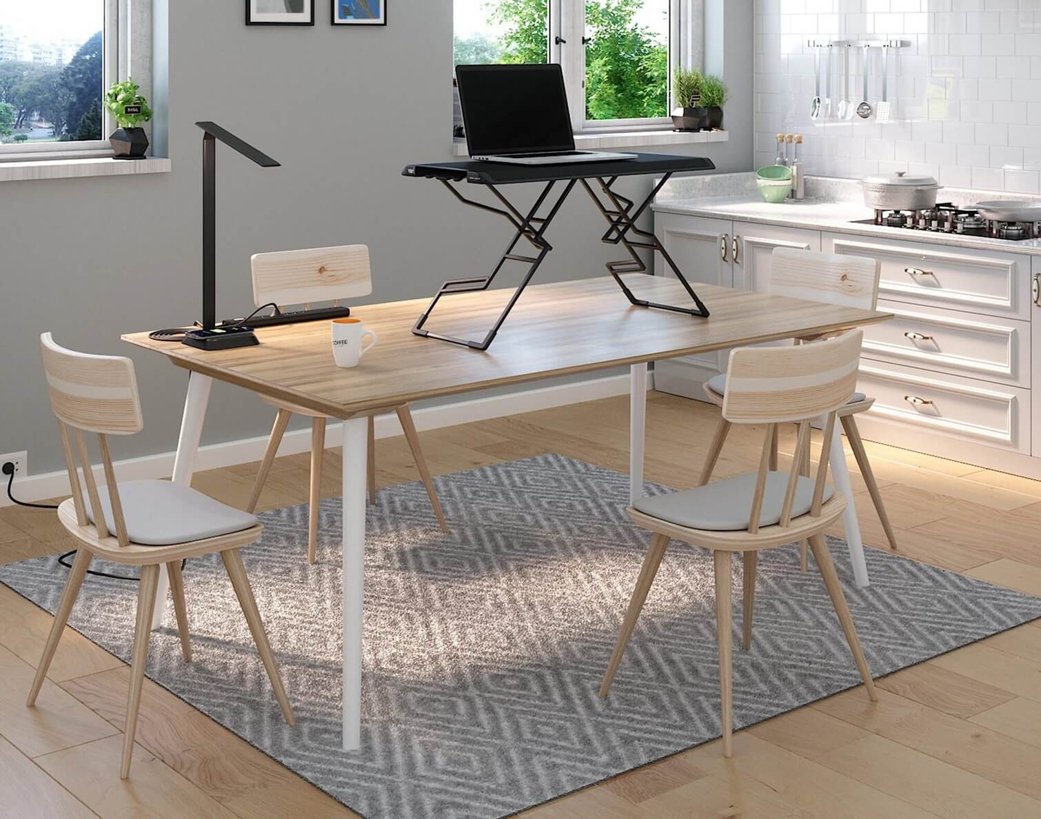office space with desktop converter ontop of wooden dining table