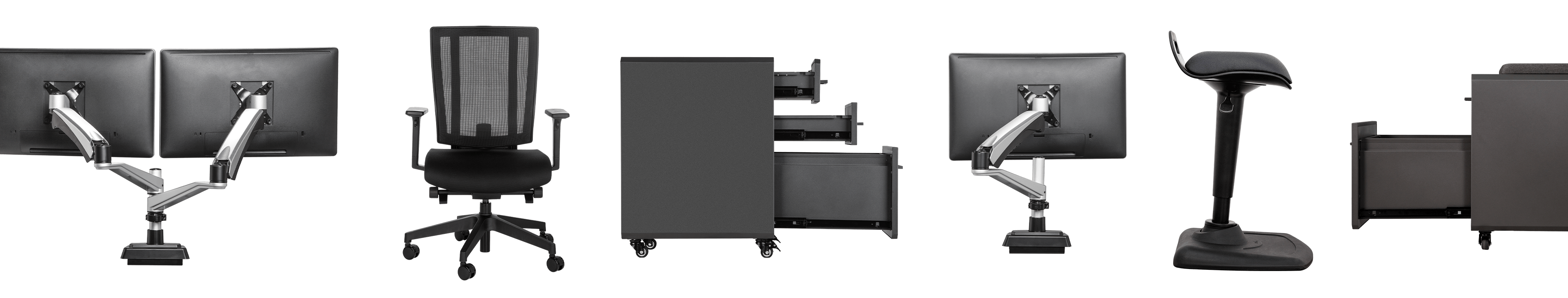 a variety of vari accessories - task chair, monitor arms, active seat, and file cabinet
